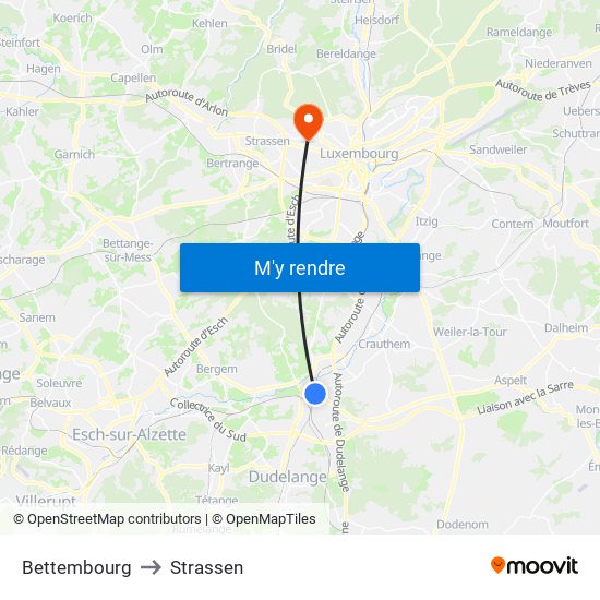 Bettembourg to Strassen map