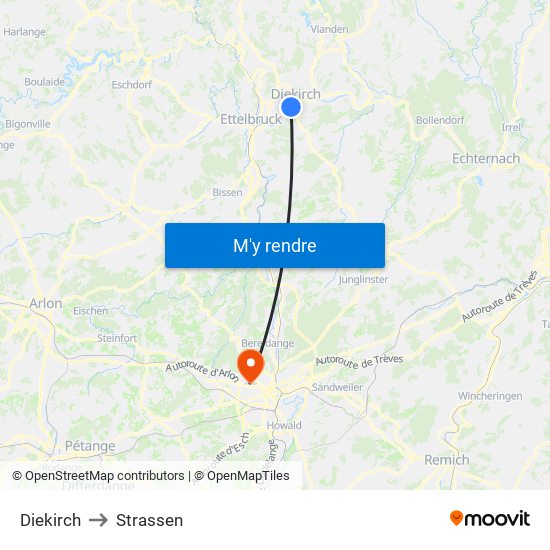 Diekirch to Strassen map