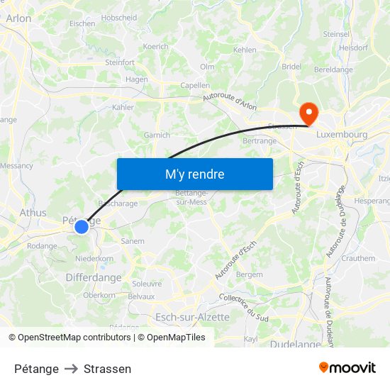 Pétange to Strassen map