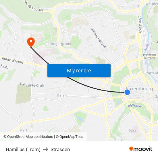 Hamilius (Tram) to Strassen map