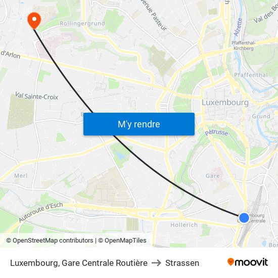 Luxembourg, Gare Centrale Routière to Strassen map