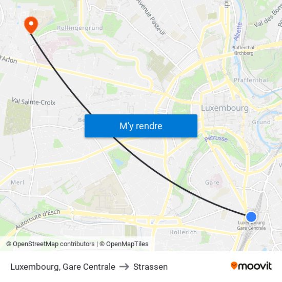 Luxembourg, Gare Centrale to Strassen map