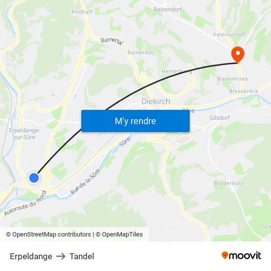Erpeldange to Tandel map
