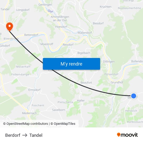 Berdorf to Tandel map