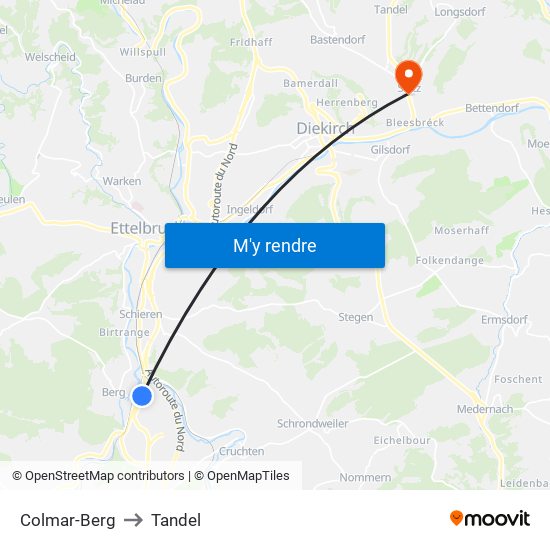 Colmar-Berg to Tandel map