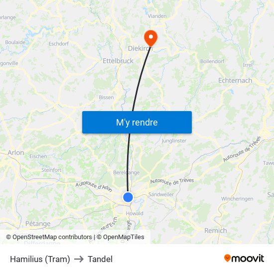 Hamilius (Tram) to Tandel map