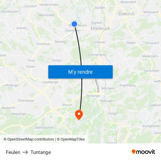 Feulen to Tuntange map