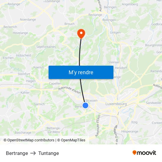 Bertrange to Tuntange map