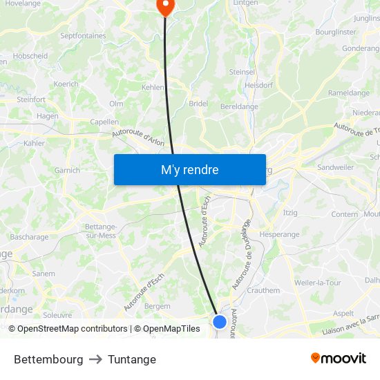 Bettembourg to Tuntange map