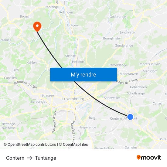 Contern to Tuntange map