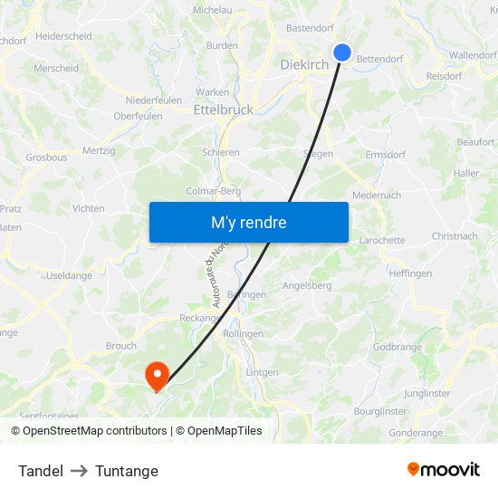 Tandel to Tuntange map