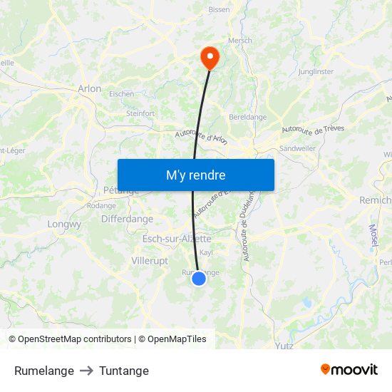 Rumelange to Tuntange map