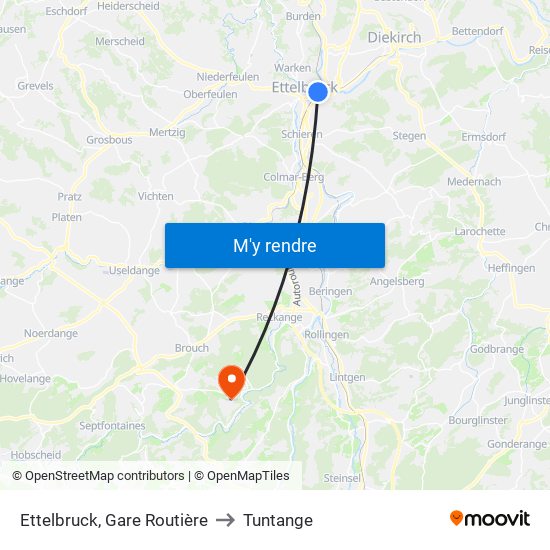 Ettelbruck, Gare Routière to Tuntange map