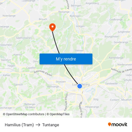 Hamilius (Tram) to Tuntange map