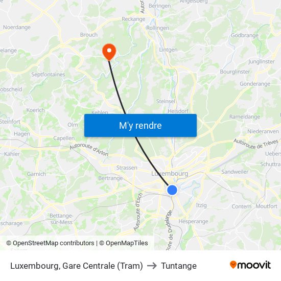 Luxembourg, Gare Centrale (Tram) to Tuntange map