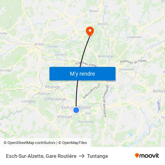 Esch-Sur-Alzette, Gare Routière to Tuntange map