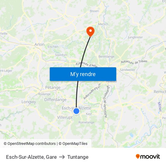Esch-Sur-Alzette, Gare to Tuntange map