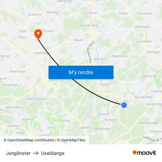 Junglinster to Useldange map