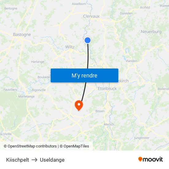 Kiischpelt to Useldange map