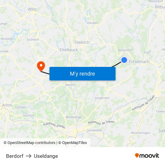 Berdorf to Useldange map