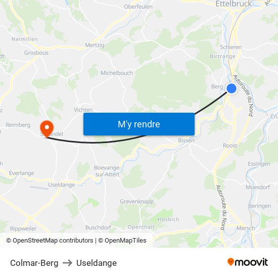 Colmar-Berg to Useldange map