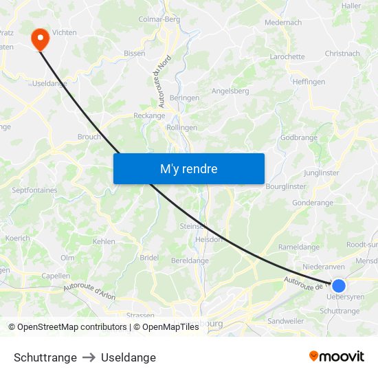 Schuttrange to Useldange map