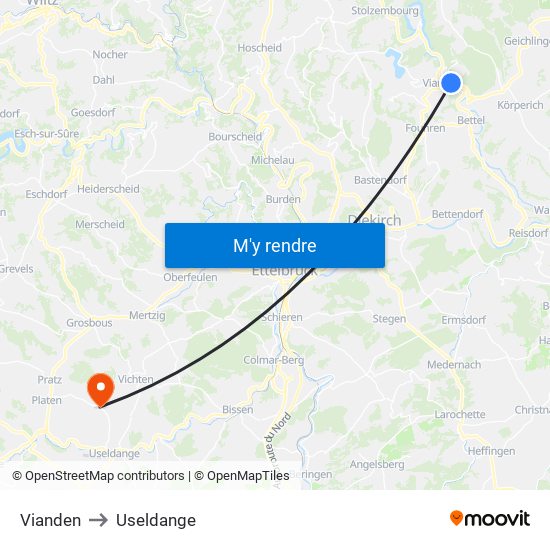 Vianden to Useldange map