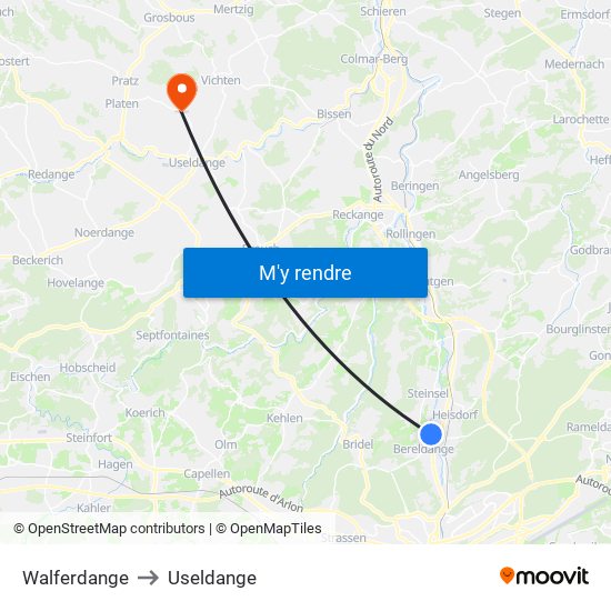 Walferdange to Useldange map