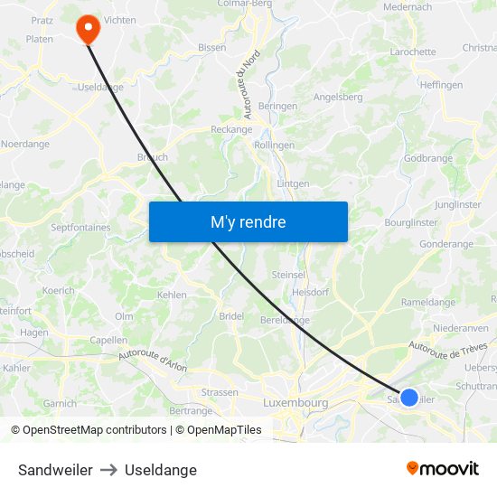 Sandweiler to Useldange map