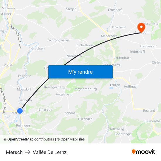 Mersch to Vallée De Lernz map
