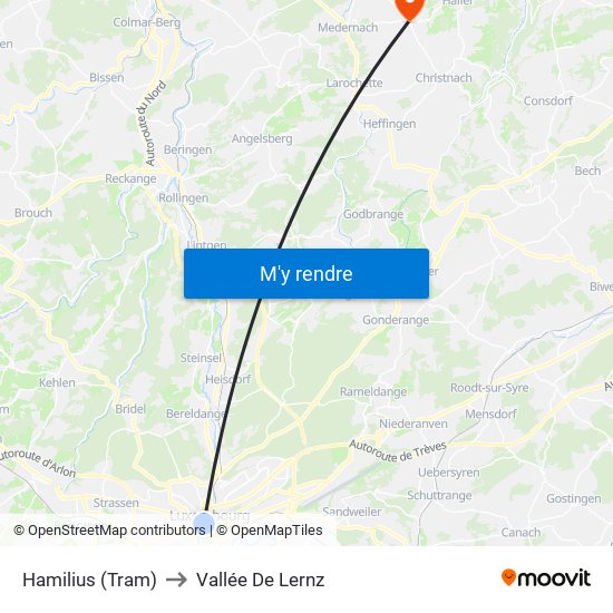 Hamilius (Tram) to Vallée De Lernz map