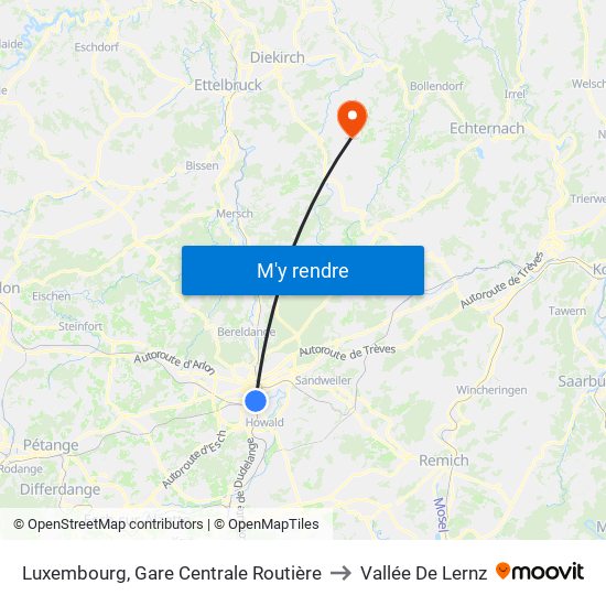 Luxembourg, Gare Centrale Routière to Vallée De Lernz map