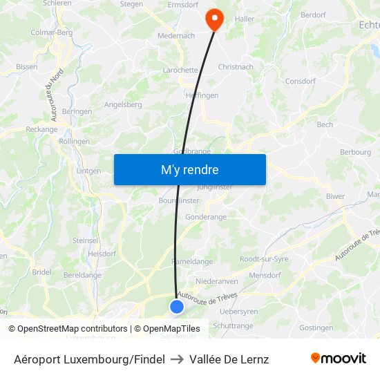 Aéroport Luxembourg/Findel to Vallée De Lernz map