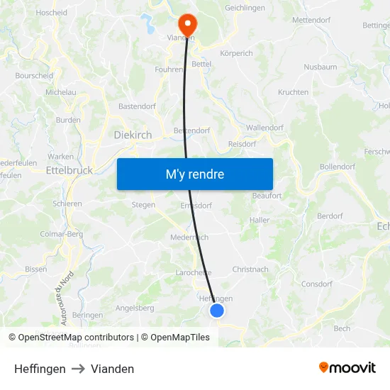 Heffingen to Vianden map