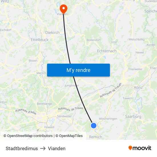 Stadtbredimus to Vianden map