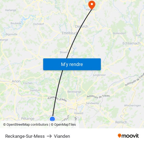 Reckange-Sur-Mess to Vianden map