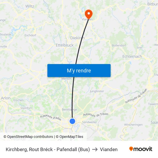 Kirchberg, Rout Bréck - Pafendall (Bus) to Vianden map