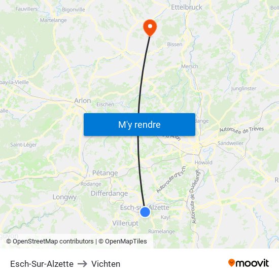 Esch-Sur-Alzette to Vichten map