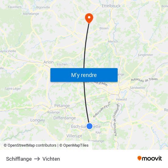 Schifflange to Vichten map