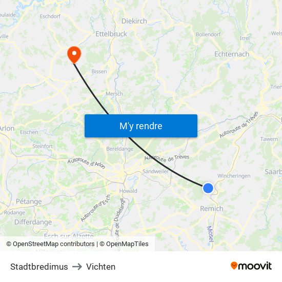 Stadtbredimus to Vichten map