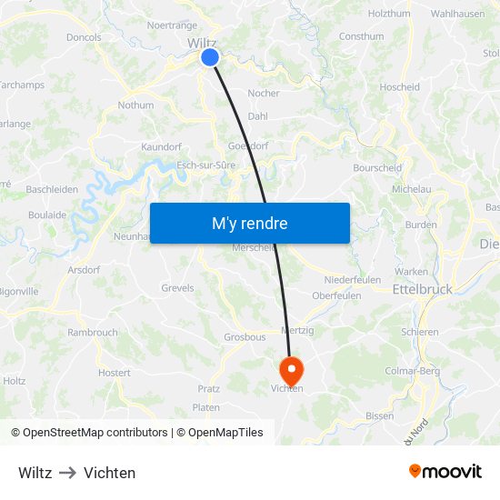 Wiltz to Vichten map