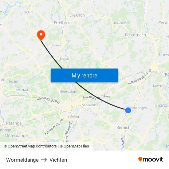 Wormeldange to Vichten map