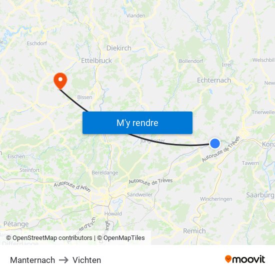 Manternach to Vichten map