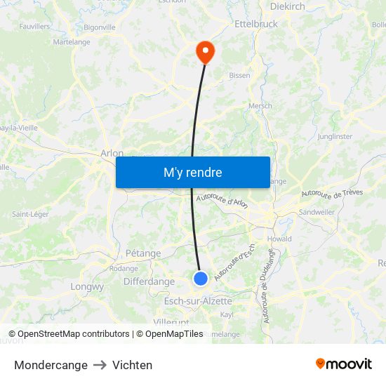 Mondercange to Vichten map