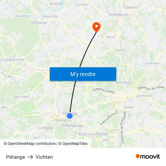 Pétange to Vichten map