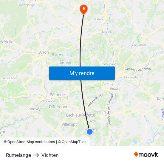 Rumelange to Vichten map