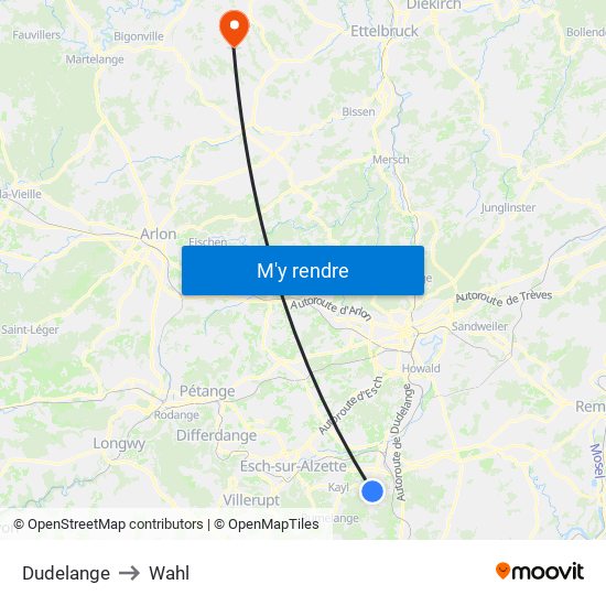 Dudelange to Wahl map