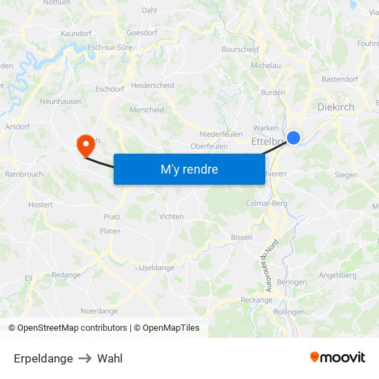 Erpeldange to Wahl map