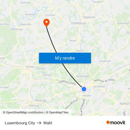 Luxembourg City to Wahl map