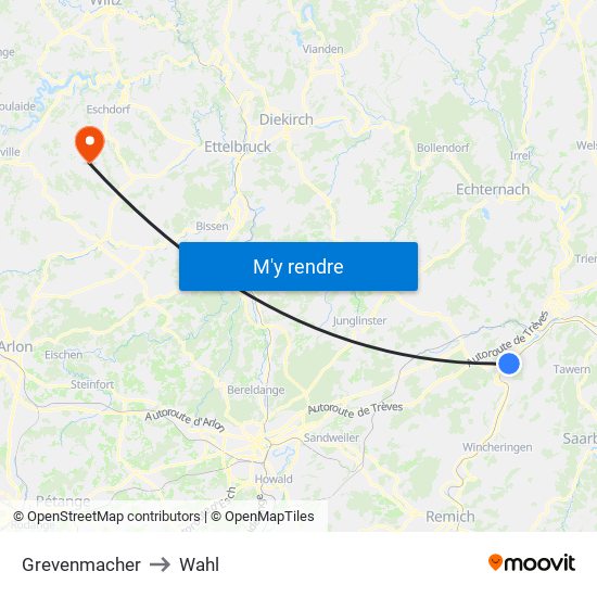 Grevenmacher to Wahl map